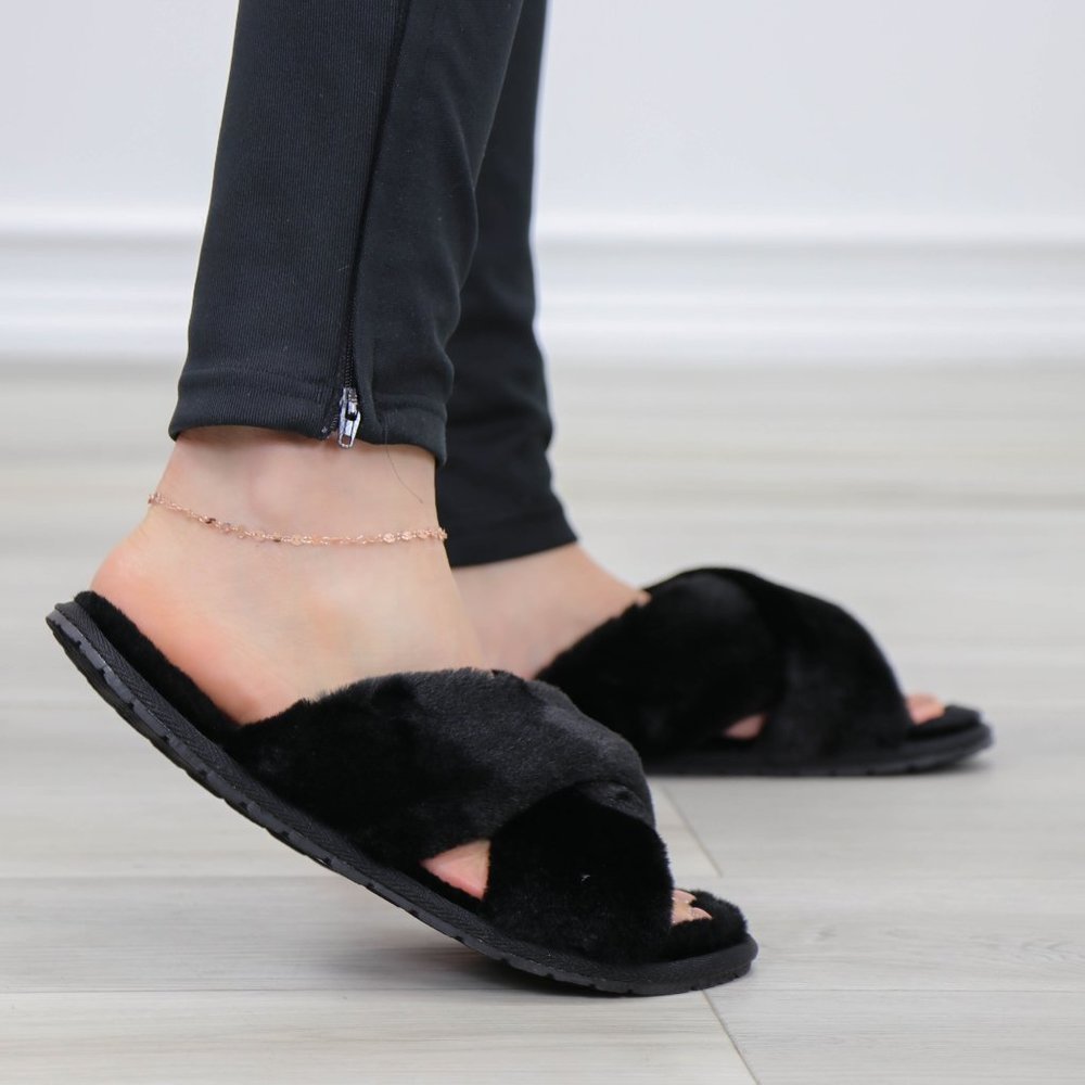 Cross Strap Black Puff Fuzzy Furry Fluffy Slip On Plush Slippers - Picture 11 of 12
